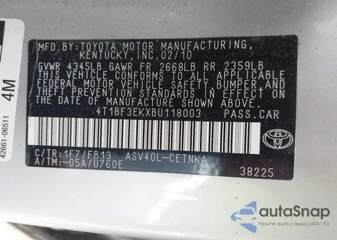 2011 Toyota Camry Le из США, поврежденный, VIN 4T1BF3EKXBU118003